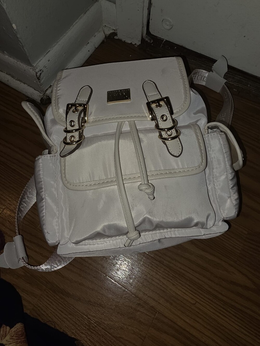 White Mini Backpack with Gold Buckle Accents